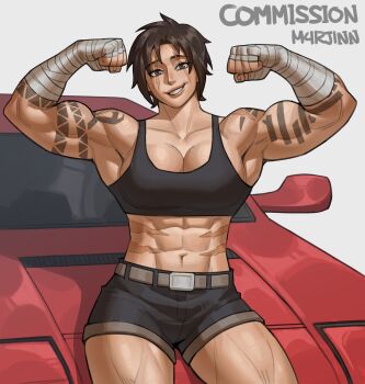 Rule 34 | 1girl, abs, arm tattoo, artist name, bandaged arm, bandaged hand, bandages, belt, biceps, black eyes, black hair, black shorts, black tank top, breasts, car, cleavage, clenched hands, collarbone, commentary, commission, english commentary, grey background, grey belt, highres, large breasts, lips, looking at viewer, m4rjinn, midriff, motor vehicle, muscular, muscular female, navel, nose, on car, open mouth, original, red car, scar, scar across eye, scar across eyebrow, scar on face, scar on stomach, short hair, shorts, shoulder tattoo, sitting, smile, solo, tank top, tattoo, teeth, thick thighs, thighs