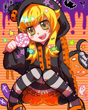 1girl animal_hood araragi_koyomi arm_at_side beads ben-day_dots black_jacket black_pantyhose blonde_hair bloomers blush_stickers bow bug candy candy_hair_ornament cat_hood dot_nose fang food food-themed_hair_ornament frilled_jacket frills full_body ghost hair_between_eyes hair_bow hair_flaps hair_ornament halloween halloween_costume hand_up happy head_tilt highres holding holding_candy holding_food holding_lollipop hood hood_up hooded_jacket horizontal-striped_background jack-o&#039;-lantern jacket jitome knees_together_feet_apart lollipop long_hair long_sleeves mary_janes mnk_udon monogatari_(series) noodles open_mouth orange_background orange_bloomers orange_shoes oshino_shinobu pantyhose pink_bow puffy_long_sleeves puffy_sleeves pumpkin_hair_ornament screentones shadow shoes solo sparkling_eyes spider spider_web_hair_ornament splatter squatting star_(symbol) star_symbol_background starry_hair straight-on striped_clothes striped_pantyhose swept_bangs swirl_lollipop tombstone twitter_username two-tone_background underwear vertical-striped_clothes vertical-striped_pantyhose white_pantyhose wrapped_candy yellow_background yellow_eyes