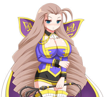 Rule 34 | 1girl, :o, absurdres, antenna hair, black collar, black skirt, blue eyes, blue shirt, blush, breasts, cape, cat o' nine tails, cleavage, collar, cowboy shot, drill hair, helltzujih, highres, holding, holding whip, huge breasts, kochou (senran kagura), long hair, long sleeves, looking at viewer, parted lips, purple cape, scoop neck, senran kagura, senran kagura new wave, shiny skin, shirt, simple background, skirt, solo, thighhighs, two-tone cape, very long hair, whip, white background, white cape, white thighhighs, yellow cape, yellow trim