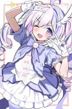 Rule 34 | 1girl, absurdres, ahoge, bigpicklesman, blue archive, blush, bow, bowtie, commentary request, double v, dress, drill hair, earrings, gloves, hair between eyes, hair ornament, halo, highres, jewelry, long hair, magical girl, multicolored hair, official alternate costume, one eye closed, open mouth, pantyhose, pink hair, pink halo, puffy short sleeves, puffy sleeves, purple bow, purple bowtie, purple dress, purple eyes, purple hair, purple pantyhose, reisa (blue archive), reisa (magical) (blue archive), short sleeves, solo, star (symbol), star earrings, star hair ornament, star halo, striped clothes, striped pantyhose, twin drills, twintails, two-tone hair, two-tone pantyhose, v, white dress, white gloves, wing hair ornament