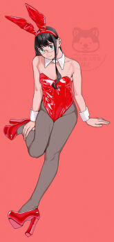 1girl absurdres alternate_costume animal_ear_hairband animal_ears black_hair black_pantyhose detached_collar fake_animal_ears glasses green_eyes hairband high_heels highres kantai_collection leotard long_hair looking_at_viewer ojipon ooyodo_(kancolle) pantyhose platform_shoes playboy_bunny rabbit_ears rabbit_tail red_background red_leotard red_shoes see-through_strap shoes solo strapless strapless_leotard tail watermark wrist_cuffs