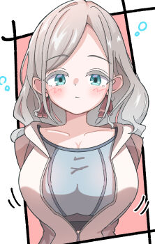 Rule 34 | 1girl, absurdres, blue eyes, blue sports bra, blush, border, breasts, ceras yanagida lilienfeld, ceras yanagida lilienfeld (winter training wear), cleavage, closed mouth, collarbone, colored eyelashes, commentary, expressionless, grey hair, hair ribbon, hashtag-only commentary, highres, jacket, large breasts, link! like! love live!, long hair, looking at viewer, love live!, open clothes, open jacket, outside border, pink background, pink ribbon, ribbon, simple background, solo, sports bra, squeans, tange murasaki, virtual youtuber, white border, white jacket