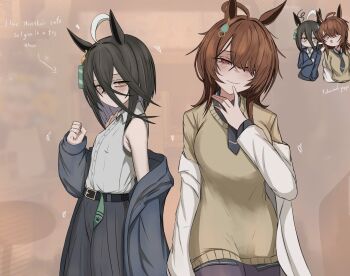 2girls agnes_tachyon_(tach-nology)_(umamusume) agnes_tachyon_(umamusume) ahoge animal_ears bare_shoulders black_jacket black_necktie black_pantyhose black_shirt black_skirt blush breasts brown_hair brown_sweater closed_mouth collared_shirt commentary english_commentary flat_chest from_side hair_between_eyes hair_over_one_eye highres horse_ears horse_girl jacket large_breasts long_bangs manhattan_cafe_(umamusume) multiple_girls necktie open_clothes open_jacket pantyhose red_eyes shirt short_hair sidelocks skirt sleeveless sleeveless_shirt smile sweater tomatoidaphne umamusume white_jacket white_shirt