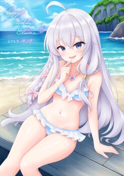 1girl ahoge aqua_bikini bare_shoulders beach bikini birthday blue_eyes blue_sky blush bow breasts character_name collarbone commentary_request day elaina_(majo_no_tabitabi) feet_out_of_frame grey_hair hair_between_eyes happy_birthday highres kanon_tsubana long_hair looking_at_viewer majo_no_tabitabi navel ocean open_mouth outdoors pink_bow sitting sky smile solo stomach swimsuit