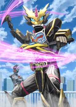 Rule 34 | 2boys, armor, asymmetrical armor, black bodysuit, blue eyes, blue sky, bodysuit, chambara bike gamer level 3, city, cityscape, cloud, crossed arms, rider belt, gamer driver, giri giri chambara, gold trim, health bar, heterochromia, highres, japanese armor, kamen rider, kamen rider ex-aid (series), kamen rider genm, kamen rider lazer, loincloth, male focus, mighty action x level 2, multiple boys, outstretched arms, red eyes, rider belt, rider gashat, samurai, scythe, sennsu, shoulder spikes, sky, spiked hair, spiked helmet, spikes, spread arms, spread legs, tokusatsu, white armor, zombie