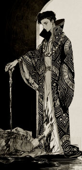 Rule 34 | 1boy, 1other, ateveryone, blood, blood on clothes, bracer, cane, cheekbones, chinese commentary, closed mouth, clothes grab, coat, commentary request, door, expressionless, from side, full body, greyscale, hair slicked back, high collar, highres, holding, holding cane, implied murder, jewelry, long coat, long sleeves, looking at another, looking down, lying, male focus, monochrome, multiple rings, nawfal (sultan's game), necklace, on stomach, open clothes, open coat, patterned clothing, pool of blood, profile, ring, robe, sash, short hair, solo focus, stab, standing, sultan's game, waist sash, wide sleeves, wrinkled skin