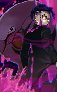 1boy arbok black-framed_eyewear black_hair black_jacket chromatic_aberration closed_mouth commentary_request corbeau_(pokemon) frown gen_1_pokemon glasses heavy_chromatic_aberration highres jacket kanakofu2234 looking_back male_focus nintendo pokemon pokemon_(creature) pokemon_legends:_z-a round_eyewear short_hair yellow_eyes