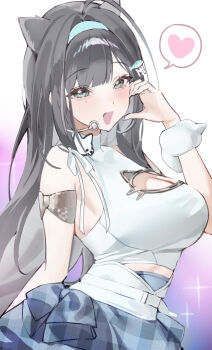1girl :d animal_ears asymmetrical_bangs bare_shoulders black_hair blue_hairband blue_nails blue_skirt blush breasts cleavage_cutout clothing_cutout commentary_request cowboy_shot eoboong fish_hair_ornament goddess_of_victory:_nikke gradient_background green_eyes hair_ornament hairband half-heart_hands hand_up headset heart highres korean_commentary large_breasts long_hair looking_at_viewer mint_(nikke) mole mole_under_eye open_mouth sidelocks simple_background skirt smile solo speech_bubble spoken_heart standing very_long_hair