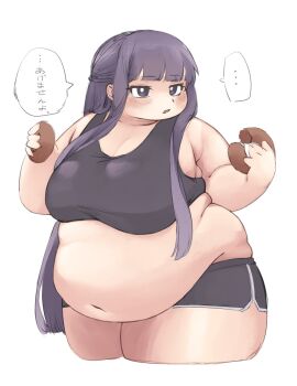 ... 1girl belly big_belly black_shirt black_shorts blunt_bangs blush braid breasts crop_top crown_braid donut eating fat fat_woman fern_(sousou_no_frieren) food gym_shorts highres holding holding_food japanese_text large_breasts long_hair nantekottai25 navel open_mouth purple_eyes purple_hair shirt short_shorts shorts sidelocks sleeveless solo sousou_no_frieren spoken_ellipsis sports_bra standing very_long_hair white_background