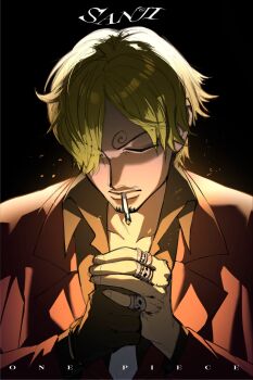 Rule 34 | 1boy, blonde hair, cigarette, curly eyebrows, facial hair, goatee, hair over one eye, highres, holding, holding lighter, jacket, lighter, lighting cigarette, male focus, mustache stubble, omegaa 7, one piece, open clothes, open shirt, sanji (one piece), shirt, smoking, solo, stubble, suit jacket