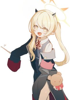 1girl :d black_tail blonde_hair blue_archive blush collared_shirt commentary demon_girl demon_wings dress fang hair_between_eyes halo holding horns ibuki_(blue_archive) jacket long_hair long_sleeves looking_at_viewer open_mouth pointy_ears red_ribbon ribbon shirt sleeves_past_fingers sleeves_past_wrists smile solo stuffed_animal stuffed_toy teddy_bear white_background white_cat_(artist) white_shirt wings yellow_eyes yellow_halo