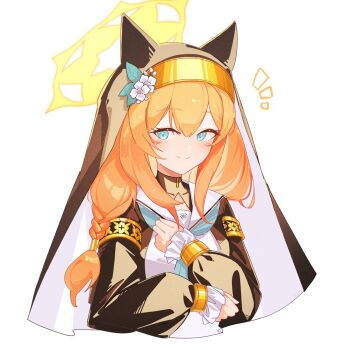 Rule 34 | 1girl, animal ear headwear, armband, blue archive, blue eyes, blue neckerchief, braid, fake animal ears, flower, frills, habit, hair between eyes, hair tubes, halo, hat, hat flower, highres, light blush, long hair, long sleeves, looking at viewer, mari (blue archive), neckerchief, notice lines, nun, orange hair, sailor collar, simple background, single braid, smile, solo, split mouth, tatara (alnath may), upper body, white background, white flower, white sailor collar