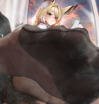 1girl animal_ears arknights blonde_hair blush feet foot_focus fox_ears highres long_hair looking_at_viewer nokchamint pantyhose pov presenting_foot see-through_clothes see-through_legwear smell soles solo steam toe_seam toes vulpisfoglia_(arknights) yellow_eyes