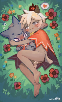 1boy :3 :p absurdres animal_ears bar_censor barefoot bell bilingual_commentary bottomless cape censored character_request chinese_commentary closed_mouth commentary crown cult_of_the_lamb dark-skinned_male dark_skin english_commentary flower grey_eyes heart highres horizontal_pupils horns hug jingle_bell male_focus mixed-language_commentary neck_bell omurice_(roza4957) on_grass penis red_cape short_hair shota soles speech_bubble spoken_heart tail testicles toes tongue tongue_out watermark web_address white_hair