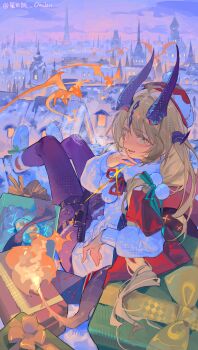 1girl arknights black_pantyhose box character_request christmas city danbaofan_omuless gift gift_box horns pantyhose santa_costume sitting