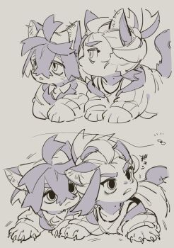 2boys :&lt; ahoge angry animal_ear_fluff animal_ears animal_hands body_fur bug cat_boy cat_ears cat_tail claws collarbone commentary_request crossed_bangs dilated_pupils dual_persona fang fewer_digits fingernails fly from_side frown furrowed_brow greyscale hair_tie hair_tied hair_up hairband half-closed_eyes high_ponytail insect jacket kemonomimi_mode kieran_(pokemon) looking_ahead looking_to_the_side loose_hair_strand lunchbox_(artist) male_focus mole mole_on_neck monochrome multiple_boys multiple_views necktie nintendo off-shoulder_jacket off_shoulder open_clothes open_jacket parted_lips paw_print pawpads pokemon pokemon_(creature) pokemon_sv ponytail sharp_claws sharp_fingernails shirt short_hair shorts slit_pupils striped_clothes striped_jacket tail tank_top updo