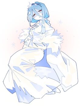 1girl black_hairband blue_hair braid closed_mouth coat colored_skin commentary dress english_commentary eunoia_(frozen_soul) frozen_soul full_body hair_between_eyes hairband highres hong_tanght long_hair looking_at_viewer narrowed_eyes red_eyes roblox shoes simple_background smile solo turtleneck turtleneck_dress white_background white_coat white_dress white_shoes white_skin