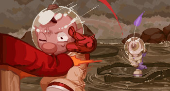 Rule 34 | 2boys, ^^^, big nose, blonde hair, blue gloves, brown hair, bush, buttons, full body, furrowed brow, gameplay mechanics, gloves, helmet, highres, leaning forward, lily pad, louie (pikmin), male focus, multiple boys, nintendo, olimar, one eye closed, outdoors, outstretched hand, pain, pale skin, parted lips, pikmin (series), pointy ears, radio antenna, red gloves, ripples, river, rock, short hair, space helmet, spacesuit, sweatdrop, throwing, throwing person, unusually open eyes, very short hair, yu pikmin