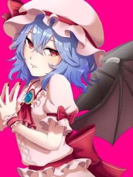 1girl ascot bat_wings blue_gemstone bow closed_mouth frilled_cuffs frilled_hat frilled_shirt frilled_shirt_collar frilled_sleeves frills gem hair_between_eyes hat hat_ribbon highres looking_at_viewer meru_tchi mob_cap nail_polish own_hands_together pink_background pink_hat pink_shirt pink_skirt puffy_short_sleeves puffy_sleeves purple_hair red_ascot red_bow red_eyes red_nails red_ribbon remilia_scarlet ribbon shirt short_hair short_sleeves simple_background skirt solo touhou waist_bow wings wrist_cuffs