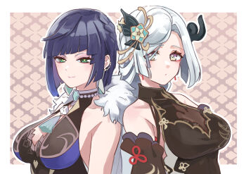 2girls beads blue_hair breasts closed_mouth commentary_request detached_sleeves diagonal_bangs dice dress earrings genshin_impact green_eyes hair_ornament highres jewelry large_breasts long_hair looking_at_viewer multicolored_hair multiple_girls nocknocktt purple_eyes shenhe_(frostflower_dew)_(genshin_impact) shenhe_(genshin_impact) short_hair sleeveless sleeveless_dress tassel upper_body white_hair yelan_(genshin_impact)