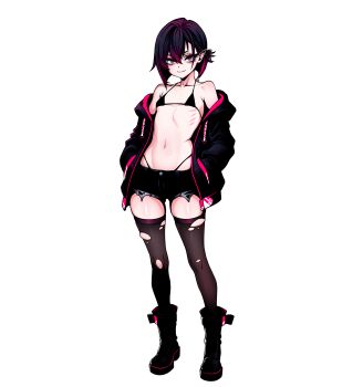 Rule 34 | 1girl, absurdres, alkaid exec, bare shoulders, bat wings, bikini, bikini bottom under shorts, bikini under clothes, black bikini, black boots, black hair, black hoodie, black wings, boots, braid, breasts, character name, closed mouth, collarbone, commentary, demon girl, demon tail, english commentary, fang, full body, gradient hair, hair between eyes, hands in pockets, highleg, highleg bikini, highres, hood, hoodie, looking at viewer, multicolored hair, navel, off shoulder, open clothes, open hoodie, original, pink eyes, pink hair, pointy ears, short hair, shorts, simple background, skin fang, small breasts, smile, solo, standing, stomach, swimsuit, tail, thighhighs, torn clothes, torn shorts, torn thighhighs, two-tone hair, variant set, virtual youtuber, white background, wings