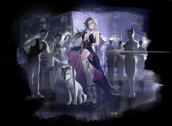 Rule 34 | 1girl, 6+boys, absurdres, animal ears, arknights, arms behind back, bare arms, bare shoulders, black pants, black shoes, black vest, blue dress, breasts, butler, clothes lift, commentary, dress, faceless, faceless male, hair between eyes, high heels, highres, holding, holding tray, lappland (arknights), large breasts, long hair, looking at viewer, medium skirt, multiple boys, panties, pants, pencil skirt, shirt, shoes, short hair, side slit, skirt, skirt lift, sleeveless, sleeveless dress, thighhighs, tray, underwear, vest, white panties, white shirt, white thighhighs, wolf, wolf boy, wolf ears, wolf girl, xiaoye eago