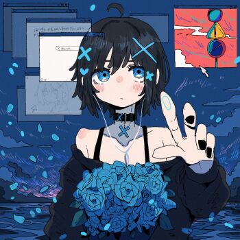 Rule 34 | 1girl, ?, album cover, aurora, bare shoulders, black choker, black hair, black nails, blue eyes, blue theme, blush, choker, collarbone, commentary, commission, cover, cowlick, cursor, dot nose, english commentary, flower, furu tkc, hair ornament, heart, heart hair ornament, highres, holding, holding flower, medium hair, no stopping sign, original, outdoors, outstretched hand, reaching, reaching towards viewer, road sign, search bar, second-party source, sign, skeb commission, solo, sweater, window (computing), x hair ornament