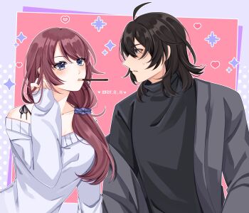 1boy 1girl ahoge alternate_costume araragi_koyomi bare_shoulders black_hair black_shirt blue_border blue_eyes blush border dated eyelashes food food_in_mouth grey_jacket hair_between_eyes hair_ornament hair_over_shoulder hair_scrunchie highres holding holding_food holding_pocky incoming_pocky_kiss jacket jmfz5558 long_hair medium_hair monogatari_(series) mouth_hold off-shoulder_shirt off_shoulder parted_lips pink_background pocky pocky_day pocky_in_mouth ponytail scrunchie senjougahara_hitagi shirt upper_body white_shirt