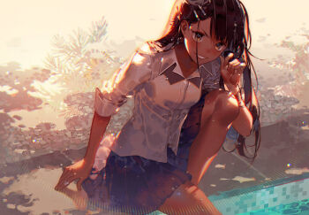 1girl black_hair brown_eyes commentary duplicate english_commentary grin hair_ornament hairclip ijiranaide_nagatoro-san jewelry kawacy knee_up long_hair nagatoro_hayase outdoors pleated_skirt poolside ring school_uniform shirt sitting skirt sleeves_rolled_up smile solo tan teeth wet wet_clothes wet_shirt white_shirt