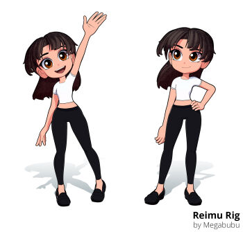 1girl 3d :d alternate_costume black_leggings brown_eyes brown_hair casual character_name chibi commentary english_commentary floating_hair hair_behind_ear hakurei_reimu hand_on_own_hip highres leggings looking_at_viewer looking_to_the_side multiple_views open_hands open_mouth shadow shirt smile standing t-shirt takki_thammawan touhou waving white_background white_shirt