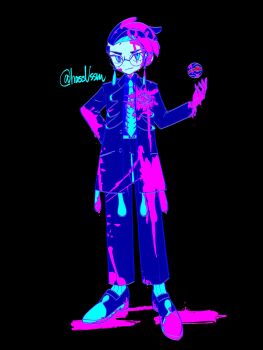 1boy black-framed_eyewear black_background black_hair black_jacket black_pants closed_mouth collared_shirt corbeau_(pokemon) dusk_ball eyewear_strap glasses highres hustle_okamoto jacket long_hair long_sleeves looking_at_viewer male_focus necktie nintendo open_clothes open_jacket paint paint_splatter pants parted_hair poke_ball pokemon pokemon_legends:_z-a purple_hair purple_shirt round_eyewear shirt short_hair simple_background solo white_necktie