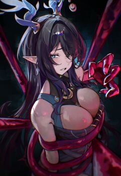 1girl absurdres antlers bare_shoulders bound bound_arms breasts cleavage commentary deer_antlers dress genshin_impact hair_over_one_eye hashtag-only_commentary highres horns imminent_breast_grab imminent_grope large_breasts lauma_(genshin_impact) long_hair looking_at_viewer m3ru pointy_ears restrained sketch sweat