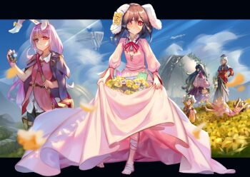 Rule 34 | 1up, 6+girls, alternate costume, animal ears, barefoot, black hair, black jacket, black pants, black skirt, blue capelet, blue hair, blue headwear, blue sky, bomb item (touhou), bow, braid, braided ponytail, briefcase, capelet, closed mouth, cloud, commentary, crescent, crescent pin, dress, ear bow, earrings, english commentary, expressionless, field, floppy ears, flower, flower field, full body, grey hair, hair between eyes, hat, highres, houraisan kaguya, inaba mob (touhou), inaba tewi, jacket, jacket on shoulders, jewelry, letterboxed, long dress, long hair, long skirt, looking at viewer, medium hair, multiple girls, nurse cap, pants, pink dress, pink shirt, pink vest, purple skirt, rabbit ears, rabbit girl, red eyes, red shirt, reisen udongein inaba, science fiction, shirt, single braid, skirt, skirt basket, sky, smile, spacecraft, tlobtr, touhou, very long hair, vest, white shirt, yagokoro eirin, yellow bow, yellow flower