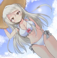 Rule 34 | 1girl, bikini, blush, breasts, brown eyes, cloud, cloudy sky, conte di cavour (kancolle), day, dutch angle, frills, grey hair, hat, highres, kantai collection, large breasts, long hair, navel, shizuna kaede, sky, solo, straw hat, swimsuit, two side up, white bikini