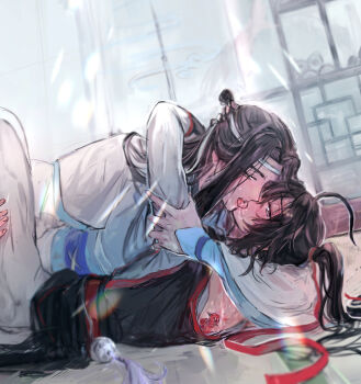 2boys ahoge anal back_tattoo black_hair black_hanfu blue_sash blush chinese_clothes commentary_request couple dappled_sunlight flower_tattoo french_kiss hair_ribbon half-closed_eyes hand_on_another's_thigh hanfu headband hickey highres holding_another's_arm hug implied_sex indoors kiss ktxxok lan_wangji long_hair long_sleeves looking_at_another lying male_focus male_penetrated missionary modao_zushi multiple_boys off_shoulder official_alternate_costume on_back on_ground pants ponytail profile purple_eyes red_ribbon red_sash ribbon robe saliva sash sex shirt sidelocks sleeves_past_wrists spread_legs sunlight sweat tassel tattoo thigh_grab tongue tongue_out topknot wei_wuxian wei_wuxian_(yunmeng_clan) white_hanfu white_headband white_pants white_shirt wide_sleeves yaoi yaopei yellow_eyes