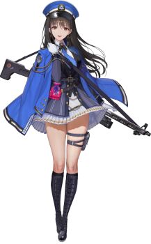 1girl belt black_hair boots breasts brown_eyes buttons diesel_(nikke) dramz earrings full_body gloves goddess_of_victory:_nikke gradient_background gun hand_up holster jacket jacket_on_shoulders jewelry knee_boots lace-up_boots light_machine_gun logo long_hair long_sleeves looking_at_viewer machine_gun medium_breasts official_art open_mouth rpk rpk-74 smile solo standing teeth thigh_holster thighs upper_teeth_only weapon white_gloves