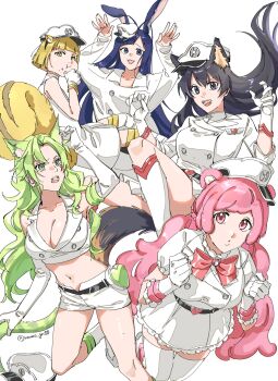 1boy 4girls :d animal_ear_fluff animal_ears antenna_hair bambietta_basterbine belt black_belt black_hair bleach bleach:_sennen_kessen-hen blonde_hair blue_eyes blunt_bangs blunt_ends bob_cut boots bow bowtie breasts buttons candice_catnipp cleavage clenched_hands commentary commission double-breasted dress elbow_gloves extra_ears fangs floating_hair foot_out_of_frame frilled_skirt frills frown giselle_gewelle gloves green_eyes green_hair grey_eyes hand_up hat heart_belt highres jacket kemonomimi_mode knee_up large_breasts liltotto_lamperd long_hair looking_at_viewer meninas_mcallon military_hat military_uniform miniskirt multiple_girls nanao_parakeet navel no_headwear open_mouth parted_lips pink_eyes pink_hair puffy_short_sleeves puffy_sleeves rabbit_boy rabbit_ears rabbit_pose red_bow red_bowtie short_dress short_hair short_sleeves shorts simple_background skirt sleeveless sleeveless_dress sleeves_past_wrists smile squirrel_ears squirrel_girl squirrel_tail standing standing_on_one_leg stomach straight_hair tail tareme teeth thighhighs thighs trap twitter_username upper_teeth_only v-shaped_eyebrows very_long_hair white_background white_boots white_dress white_gloves white_hat white_jacket white_shorts white_skirt white_thighhighs yellow_eyes zettai_ryouiki