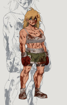 1girl abs absurdres blonde_hair blood blood_on_clothes blood_on_face blue_eyes boxer boxing_gloves boxing_shorts breasts cleavage collarbone crossed_legs dorohedoro gutalalaman hands_in_pockets highres looking_at_viewer muscular muscular_female navel nikaidou_(dorohedoro) shoes shorts simple_background sneakers tank_top white_background