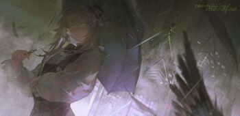 1girl bird cathedral church commission expressionless green_eyes mooofoo original rain umbrella