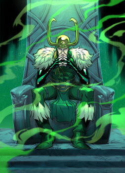 Rule 34 | 1boy, black eyes, black gloves, black nails, bodysuit, boots, cheekbones, commentary, covered abs, english commentary, fake horns, fingerless gloves, full body, fur-trimmed bodysuit, fur-trimmed boots, fur trim, gloves, gold helmet, green bodysuit, green boots, green loincloth, helmet, highres, horned helmet, horns, joeyvazquezart, loki (marvel), looking at viewer, male focus, marvel, mature male, muscular, muscular male, o-ring, official art, pelvic curtain, scale print, sitting, sitting on throne, solo, steepled fingers, thor (marvel) (series), throne, western comics (style)