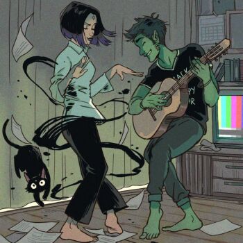 Rule 34 | 1boy, 1girl, beast boy (dc), black cat, book, calendar, cat, colored skin, couple, dancing, dc comics, gabriel picolo, gabriel picolo (artist), green hair, green skin, guitar, happy, instrument, magic, music, paper, playing guitar, playing instrument, pointy ears, purple hair, purple lips, raven (dc), smile, teen titans, television, window