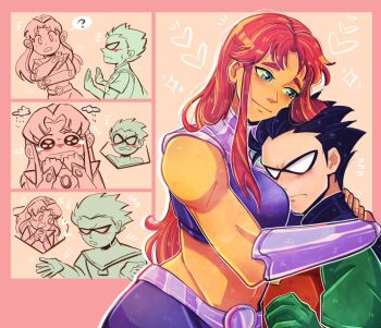 1girl belt black_hair blush breasts cape colored_skin couple dc_comics dick_grayson domino_mask eye_mask gloves green_eyes hetero highres hug long_hair mask muscular orange_skin pichichustudio red_hair robin_(dc) short_hair skirt smile speech_bubble starfire superhero_costume teen_titans y2k_fashion