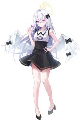 Rule 34 | 1girl, absurdres, angel wings, azusa (blue archive), black footwear, black skirt, blue archive, blush, breasts, candy, closed mouth, collarbone, feathered wings, food, full body, grey hair, hair between eyes, halo, heart, high heels, highres, holding, holding candy, holding food, long hair, purple eyes, shirt, simple background, skirt, sleeveless, sleeveless shirt, small breasts, solo, white background, white shirt, white wings, wings, yellow halo, yum draw