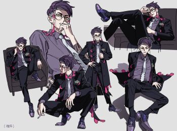 1boy between_fingers black_pants cigarette corbeau_(pokemon) grey_background highres holding holding_cigarette male_focus multiple_views necktie nintendo pants pkmnrkgk pokemon pokemon_legends:_z-a purple_hair purple_shirt purple_shoes shirt shoes short_hair sitting sitting_sideways smoking squatting standing undercut white_necktie yellow_eyes