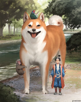 1boy animal ape bird black_hair commentary_request day dog forest geta grass hakama hakama_skirt hat japanese_clothes japanese_macaque katana kimono looking_at_viewer momotarou monkey monokubo nature original outdoors oversized_animal realistic river sheath sheathed shiba_inu skirt sword tokin_hat tongue tongue_out topknot tree water weapon