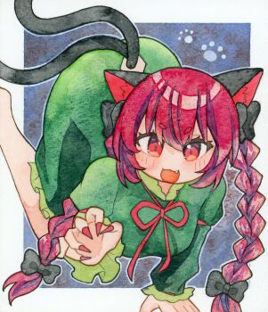 1girl :3 :d animal_ears black_background black_bow bow braid breasts cat_ears cat_tail commentary dress fang fingernails green_dress hair_bow highres kaenbyou_rin long_fingernails long_hair long_sleeves looking_at_viewer multiple_tails open_mouth pppppks red_eyes red_hair red_nails short_eyebrows side_braids smile solo tail touhou twin_braids two_tails
