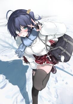 1girl absurdres blue_scarf chuunibyou_demo_koi_ga_shitai! coat cross eyepatch gunu_(nyzn3223) highres medical_eyepatch plaid_clothes plaid_skirt red_skirt scarf shadow skirt solo takanashi_rikka thick_thighs thighhighs thighs v white_coat zettai_ryouiki