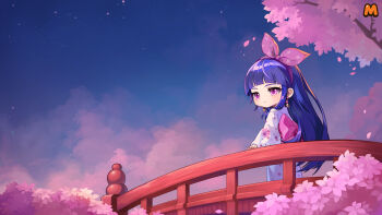 arch_bridge arched_bangs artist_request ayanokouji_kanna back_bow bad_source blue_hair blue_sky blunt_bangs blush bow bridge cherry_blossoms chibi chibi_only closed_mouth earrings expressionless eyelashes falling_petals floral_print floral_print_bow floral_print_kimono floral_print_sleeves hairband highres japanese_clothes jewelry kimono long_hair long_sidelocks long_sleeves maplestory maplestory_m nexon night night_sky no_nose obi official_art outdoors petals pink_bow pink_eyes pink_hairband pink_petals pink_sash print_kimono sash second-party_source sidelocks sky solo standing star_(sky) straight_hair very_long_hair warm_colored white_sleeves wide_sleeves