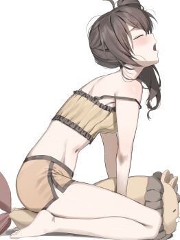 1girl absurdres ahoge back bare_arms bare_legs bare_shoulders barefoot between_legs blush brown_hair camisole commentary crop_top dolphin_shorts ebi_frion_(natsuiro_matsuri) english_commentary facing_up food frilled_camisole frills from_side full_body highres hololive hunched_over leaning_forward long_hair mascot micro_shorts midriff natsuiro_matsuri natsuiro_matsuri_(matsuri&#039;s_day_off) navel open_mouth orange_shorts profile raised_inner_eyebrows ribbed_camisole scarlet_(wv0102) seiza shorts shoulder_blades shrimp shrimp_tempura side_ponytail side_slit simple_background sitting sleepwear solo strap_slip stuffed_animal stuffed_lion stuffed_toy tears tempura toes virtual_youtuber white_background yawning yellow_camisole