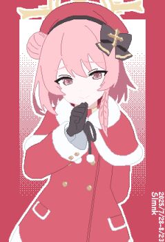 Rule 34 | 1girl, absurdres, black bow, black gloves, blue archive, border, bow, capelet, closed mouth, cowboy shot, dress, fur-trimmed capelet, fur trim, gloves, hair bow, hair bun, halo, hand up, hashtag-only commentary, hat, highres, looking at viewer, official alternate costume, outside border, pink eyes, pink hair, pixel art, red border, red capelet, red dress, red hat, serina (blue archive), serina (christmas) (blue archive), short hair, single hair bun, slmnk10124, smile, solo, split mouth, yellow halo